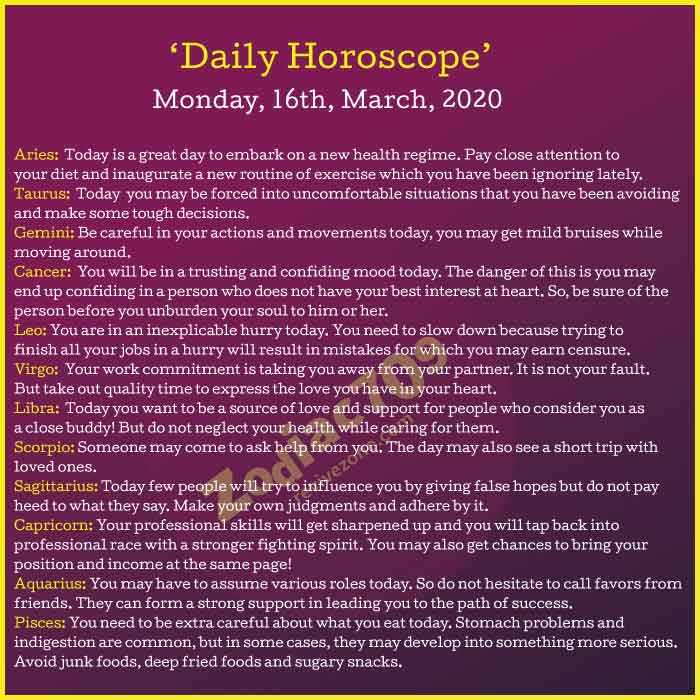 16 march horoscope 2020